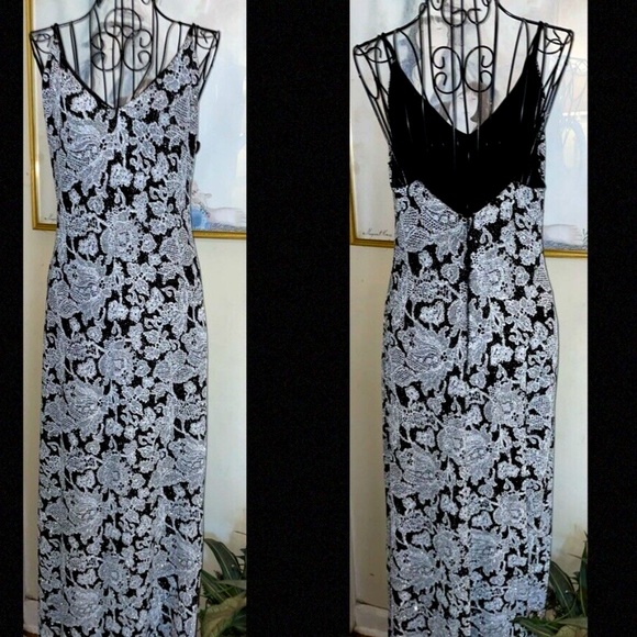 ARIANNA BY RACHEL KAYE SILVER/BLACK FLORAL LACE FULL LENGTH DRESS~STRETCH~10 - Picture 3 of 6